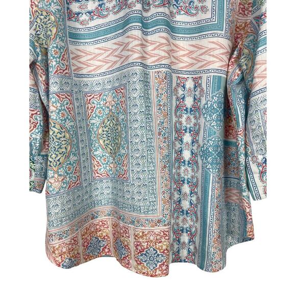 Chico’s Linen Mosaic Print Button Down Top Size 3 (XL) Pastel Blue Multi Boho - Picture 8 of 11